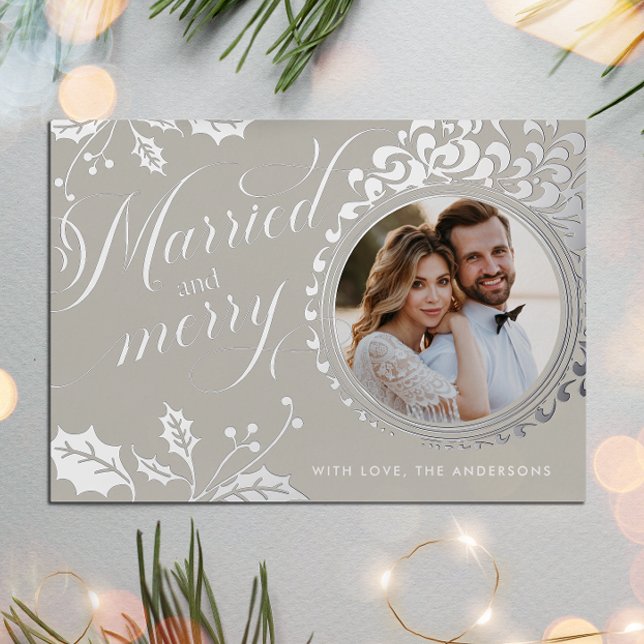 Married and Merry Calligraphy Boho Brown 1 Photo Foil Holiday Card (Creator Uploaded)