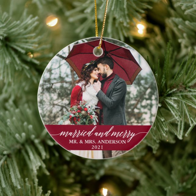 Married and Merry Calligraphy Wedding Burgundy Ceramic Ornament (Tree)
