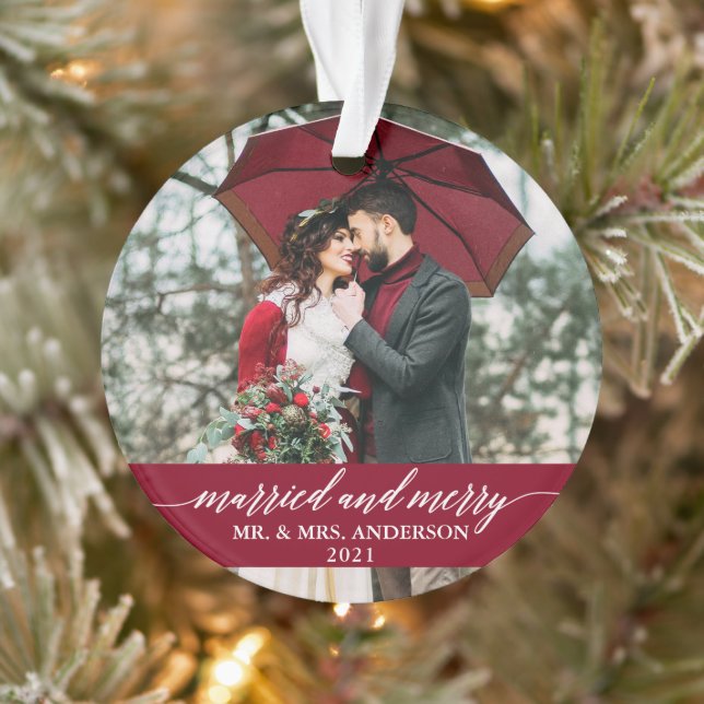 Married and Merry Calligraphy Wedding Burgundy Ornament (Tree)