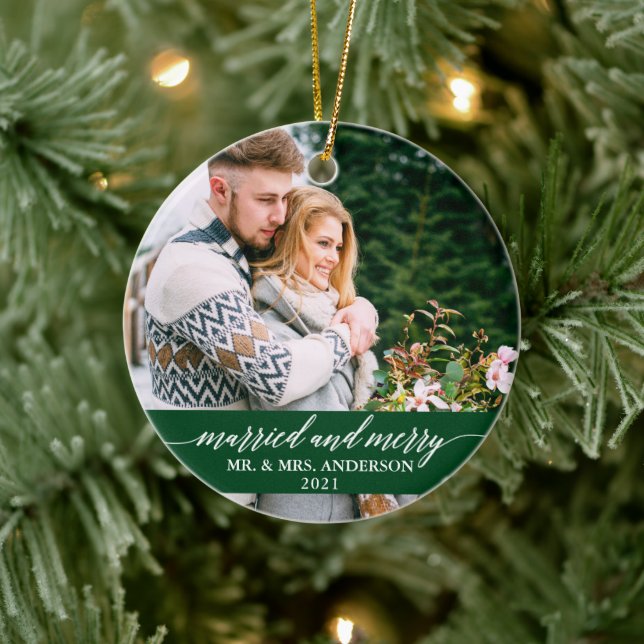 Married and Merry Calligraphy Wedding Green Ceramic Ornament (Tree)