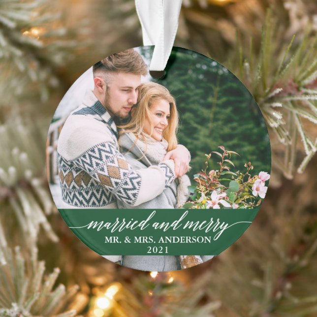 Married and Merry Calligraphy Wedding Green Ornament (Tree)