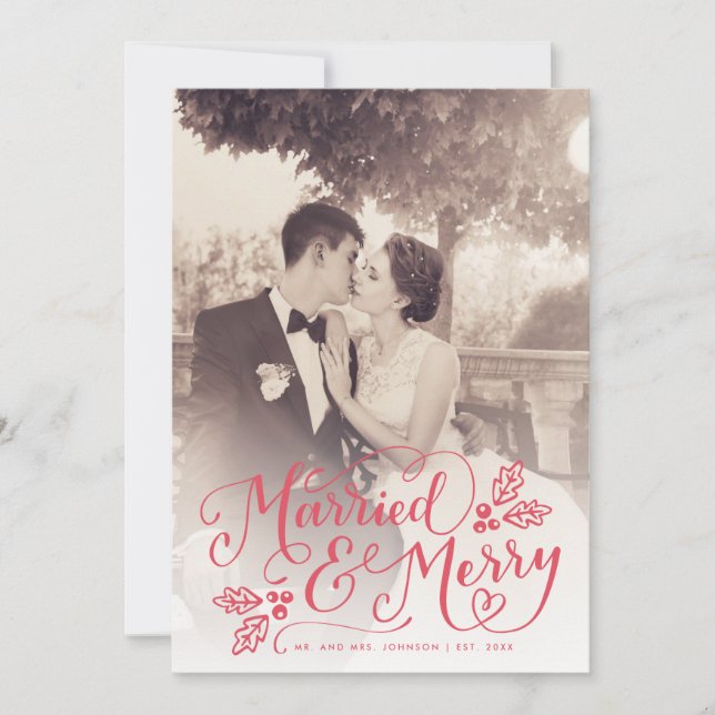 Married and Merry Chic Hand Lettered Photo Red Holiday Card (Front)