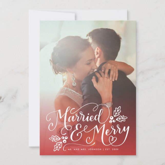 Married and Merry Chic Hand Lettered Photo Red Holiday Card (Front)