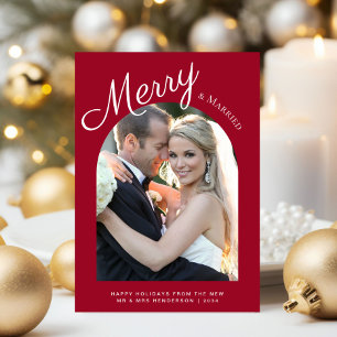 Married and Merry Christmas Arch Photo Red Holiday Card