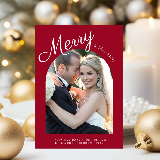 Married and Merry Christmas Arch Photo Red Holiday Card (A beautiful & unique way to announce your marriage this holiday season)