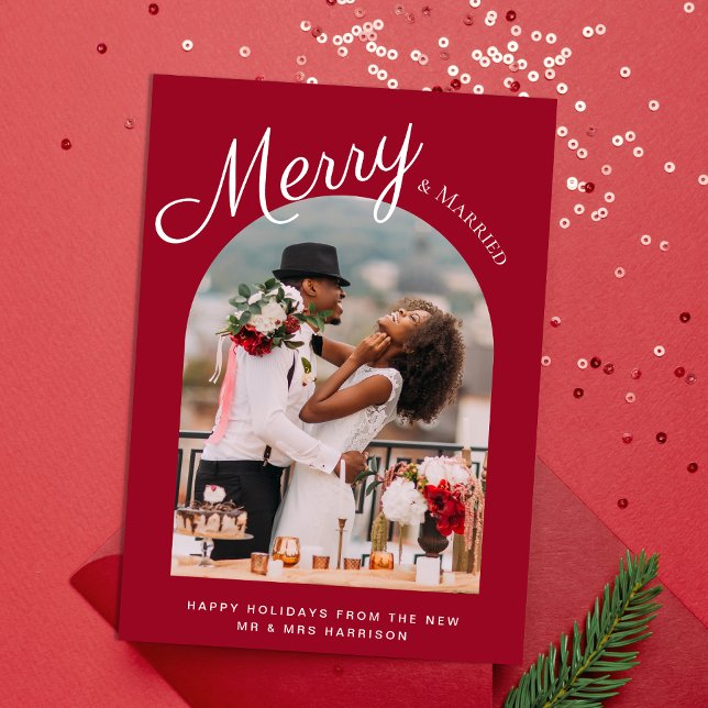 Married and Merry Christmas Arched Photo Red Holiday Card (A beautiful and unique way to announce your marriage to family and friends this holiday season)