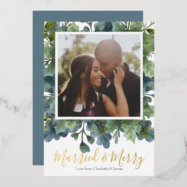 Married and Merry Christmas Foliage Photo Foil Holiday Card (Front/Back)