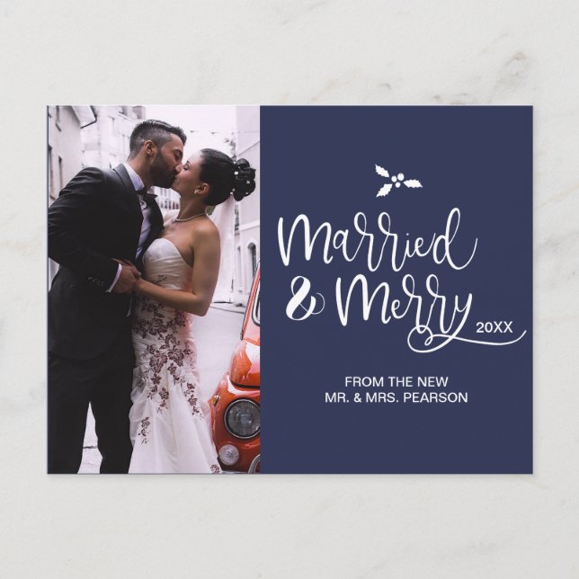 Married and Merry, Christmas, Navy Blue, Script Holiday Postcard (Front)
