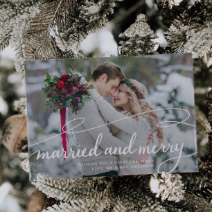 Married and Merry Elegant Swirl Wedding Photo Holiday Card