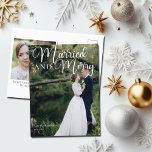 Married and Merry Elegant Wedding Photo Christmas Postcard<br><div class="desc">Gorgeous white calligraphy reading Married and Merry over your full wedding photograph for a beautiful newlywed holiday postcard. This just married couple Christmas postcard features big cursive script at the top. Add a 2nd couple photo on the back and your personalised text.</div>