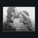 Married and Merry First Christmas Photo Holiday Postcard<br><div class="desc">Elegant modern holiday card designed for the couple celebrating their first married Christmas featuring subtle grey opaque gradient overlay with Married & Merry text graphic in elegant script font, swirly decorative divider ornament and line of editable text. Substitute the placeholder image with your keepsake photo (black and white is suggested)....</div>