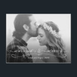 Married and Merry First Christmas Photo Holiday Postcard<br><div class="desc">Elegant modern holiday card designed for the couple celebrating their first married Christmas featuring subtle grey opaque gradient overlay with Married & Merry text graphic in elegant script font, swirly decorative divider ornament and line of editable text. Substitute the placeholder image with your keepsake photo (black and white is suggested)....</div>