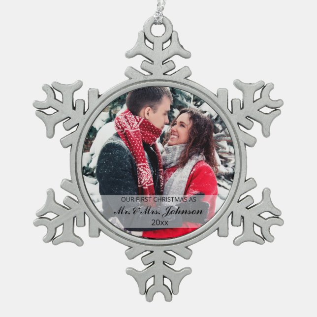 Married and Merry First Christmas Photo Snowflake Pewter Christmas Ornament (Front)