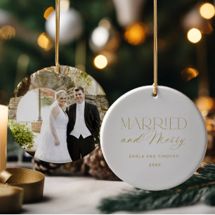 Married and Merry Gold Christmas Ceramic Ornament