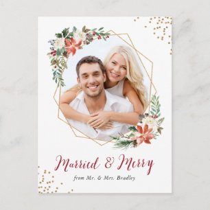 Married and Merry Gold Geometric Newlywed Photo Holiday Postcard