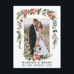Married and Merry Gold Watercolor Winter Floral Postcard<br><div class="desc">Elegant Watercolor Winter Floral Newlywed Photo Married & Merry Christmas Postcard includes beautiful watercolor red poinsettias,  botanical greenery,  winter foliage,  holly berries,  white roses,  cotton,  pine cones and blue berries.  Gold Frame.</div>