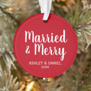 Married and Merry Holiday Round Red Ornament