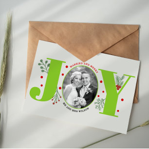 Married and Merry lime green JOY Christmas photo Postcard