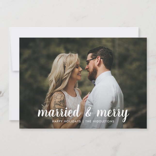 Married And Merry | Minimal First Christmas Photo Holiday Card (Front)