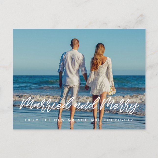 Married and Merry modern couple holiday photo Postcard (Front)