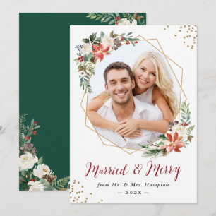 Married and Merry Modern Geometric Newlywed Photo Holiday Card
