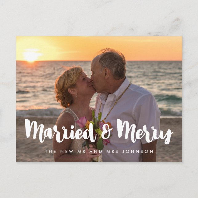 Married and Merry modern Newlyweds Christmas Postcard (Front)