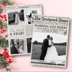 Married and Merry Modern Newspaper Photo Christmas Holiday Card