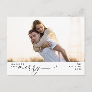 Married and Merry Modern Script Photo Holiday  Postcard