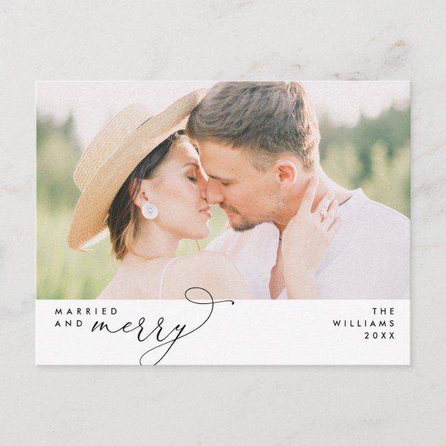 Married and Merry Modern Script Photo Holiday  Postcard (Front)