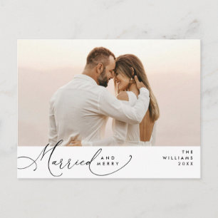 Married and Merry Modern Script Photo Holiday  Postcard