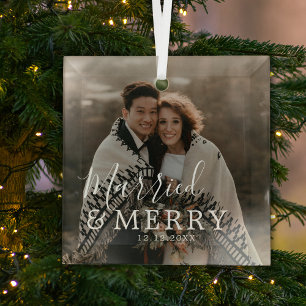 Married and Merry Modern Simple Photo Glass Tree Decoration