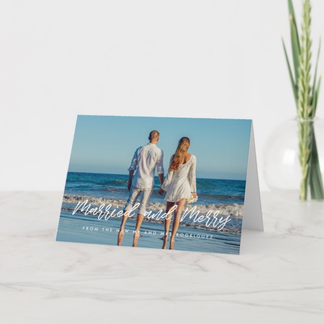 Married and Merry modern white font newlyweds Holiday Card (Front)