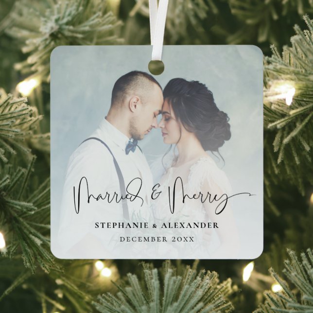 Married and Merry Names Photo Overlay  Metal Tree Decoration (Insitu)