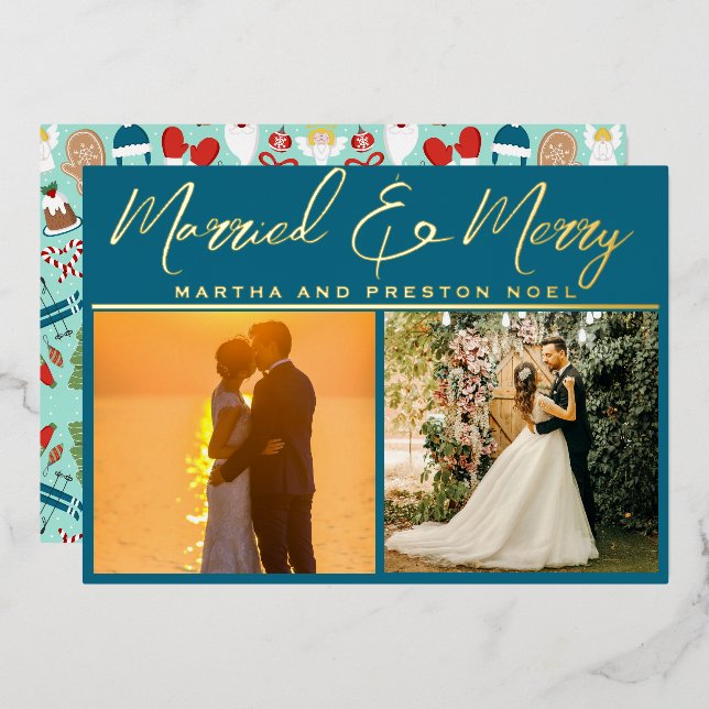 Married and Merry Newlywed Christmas 3 Photo Foil Holiday Card (Front/Back)