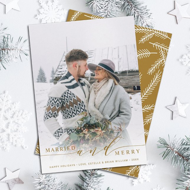 Married and Merry Newlywed Gold Holiday Photo Card (Creator Uploaded)