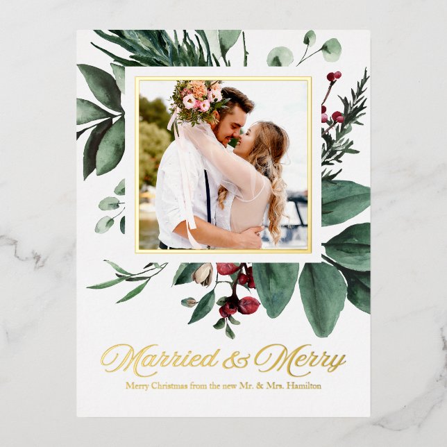 Married And Merry Newlywed Photo Christmas Foil Holiday Postcard (Front)