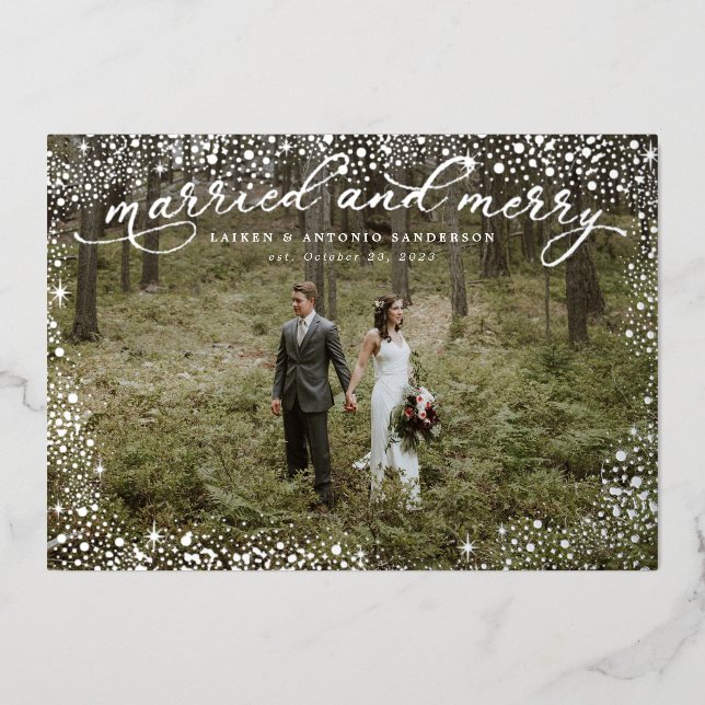 Married and Merry Newlywed Wedding Foil Holiday Card (Front)