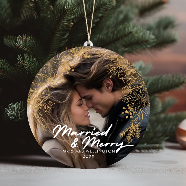 Married and Merry | Newlyweds Christmas Photo Ceramic Ornament (Married and Merry | Newlyweds Christmas Photo Ceramic Ornament)