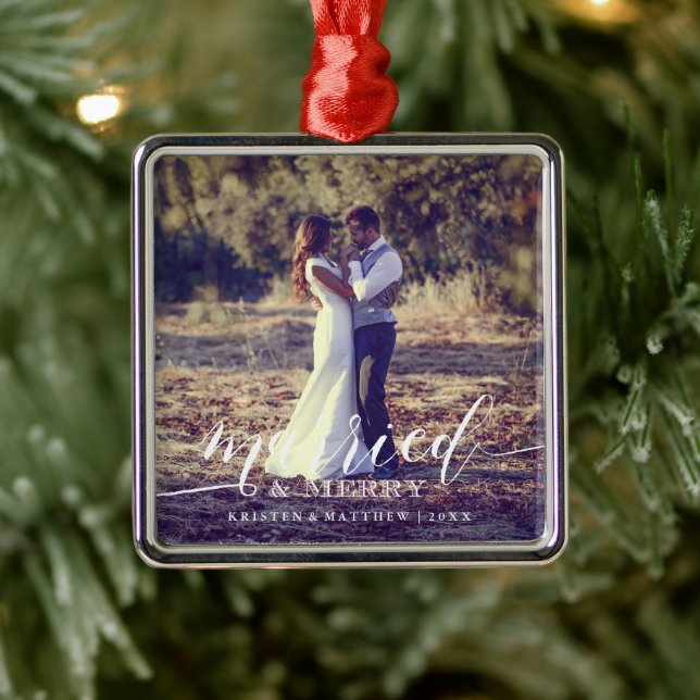 Married and Merry Newlyweds Christmas Photo Metal Ornament (Tree)