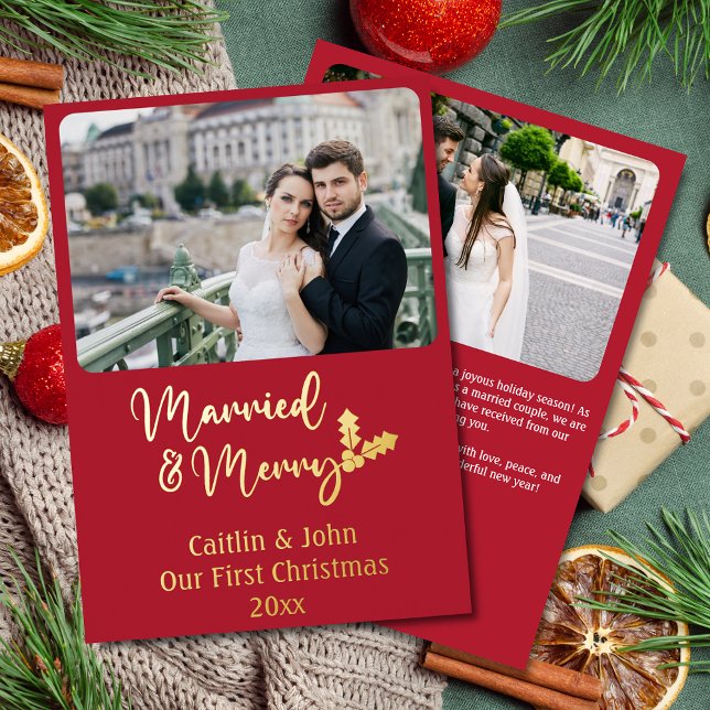 Married and Merry Newlyweds First Christmas Red Foil Holiday Card (Married and Merry, Our First Christmas together, gold foil red Christmas card with 2 photos.)