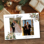 Married and Merry Nostalgic Holly Photo Christmas Holiday Card<br><div class="desc">Married and Merry custom Christmas card for newlyweds with 2 photos and your personalised greeting. Your wedding photos and/or christmas photo will be displayed in vertical portrait format. The design feature elegant typography and traditional nostalgic branches of holly, baubles, bottle of fizz and champagne glasses. Please browse my First Christmas...</div>