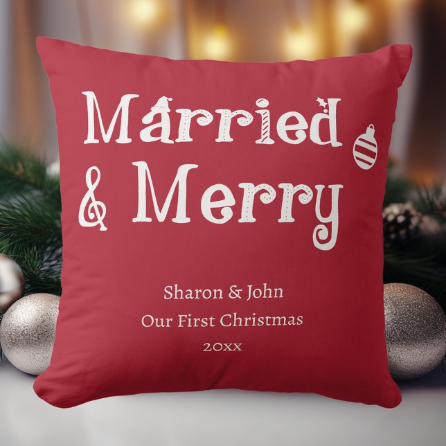 Married and Merry Our First Christmas Newlywed Red Cushion (Married & Merry personalized newlywed couple first Christmas together in red with white calligraphy.)