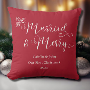 Married and Merry Our First Christmas Newlywed Red Cushion