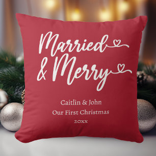 Married and Merry Our First Christmas Newlywed Red Cushion