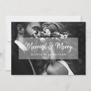 Married and Merry Photo and White Script Overlay Holiday Card