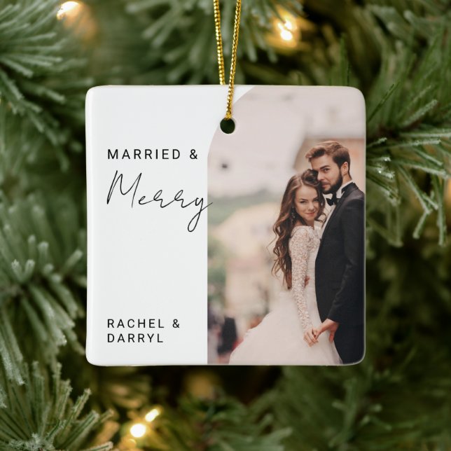 Married and Merry Photo Minimal Script Elegant Ceramic Ornament (Tree)