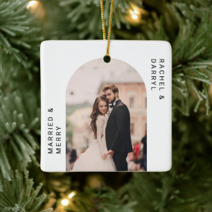 Married and Merry Photo Minimal Script Elegant Ceramic Ornament