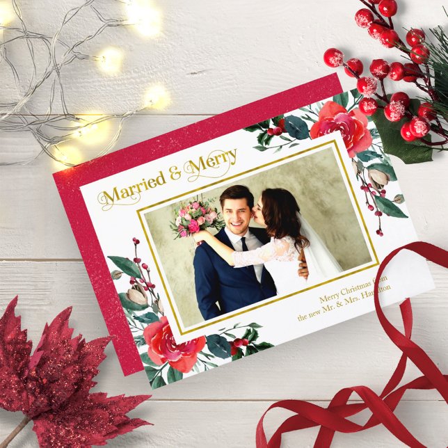Married And Merry Red Floral Christmas Photo Invitation (Creator Uploaded)