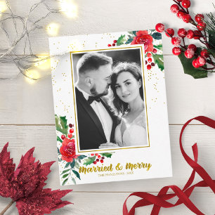 Married And Merry Red Flowers Christmas Photo Postcard