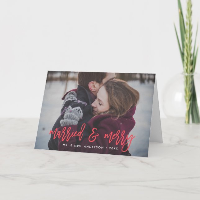 Married and Merry Red Folded Holiday Photo Card (Front)